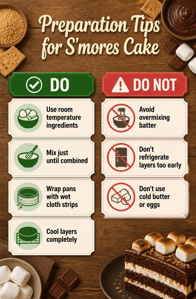 Tips for preparing cake layers for a s'mores layer cake.