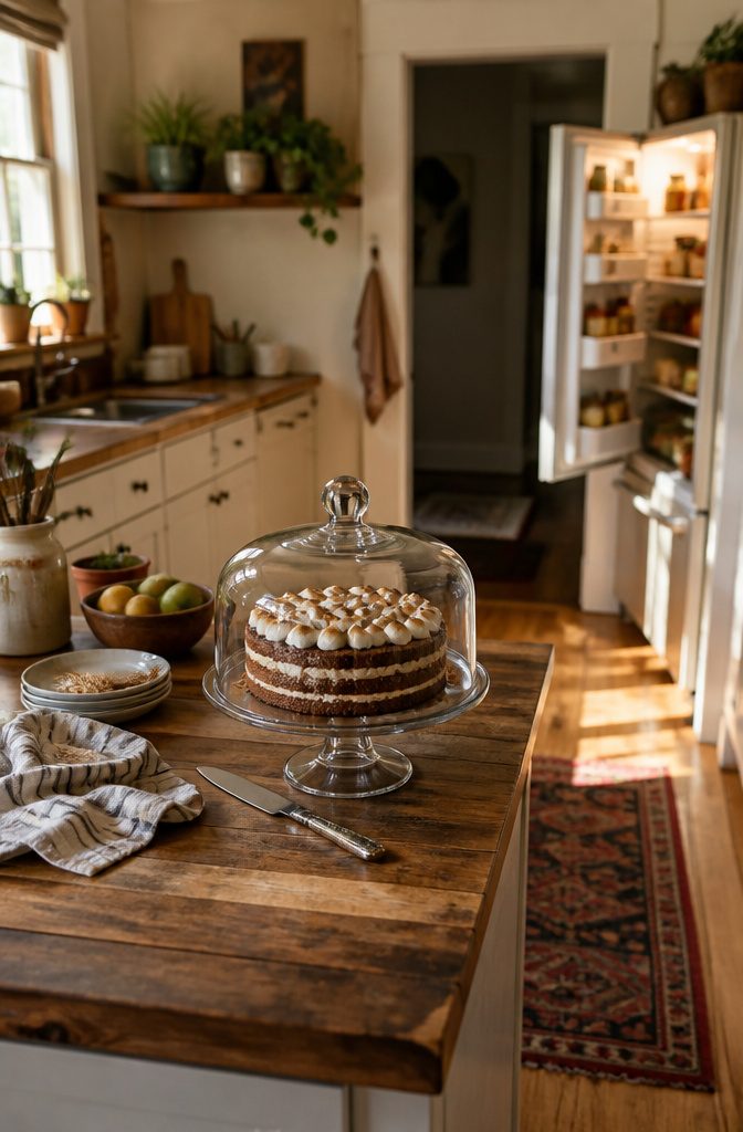 A completed s'mores layer cake under a cake dome.