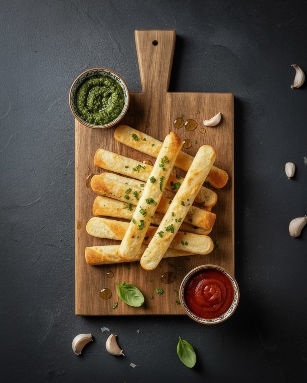 Sourdough Discard Breadsticks with 9 Flavor Ideas 3 Golden brown breadsticks on a wooden board with marinara sauce and pesto dips.