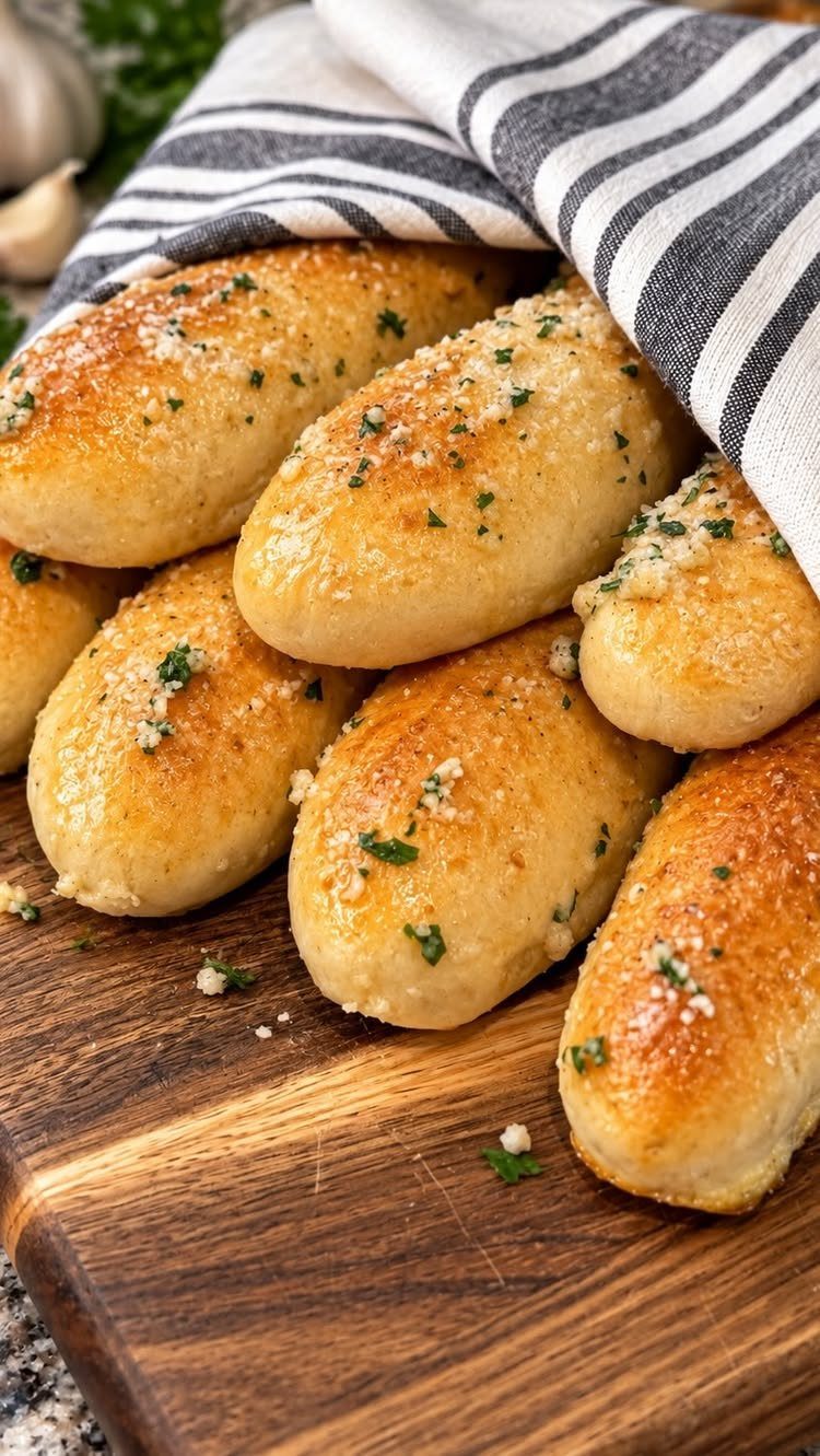 Sourdough Discard Breadsticks with 9 Flavor Ideas 6 Garlic and parsley breadsticks on a wooden board with a striped towel.