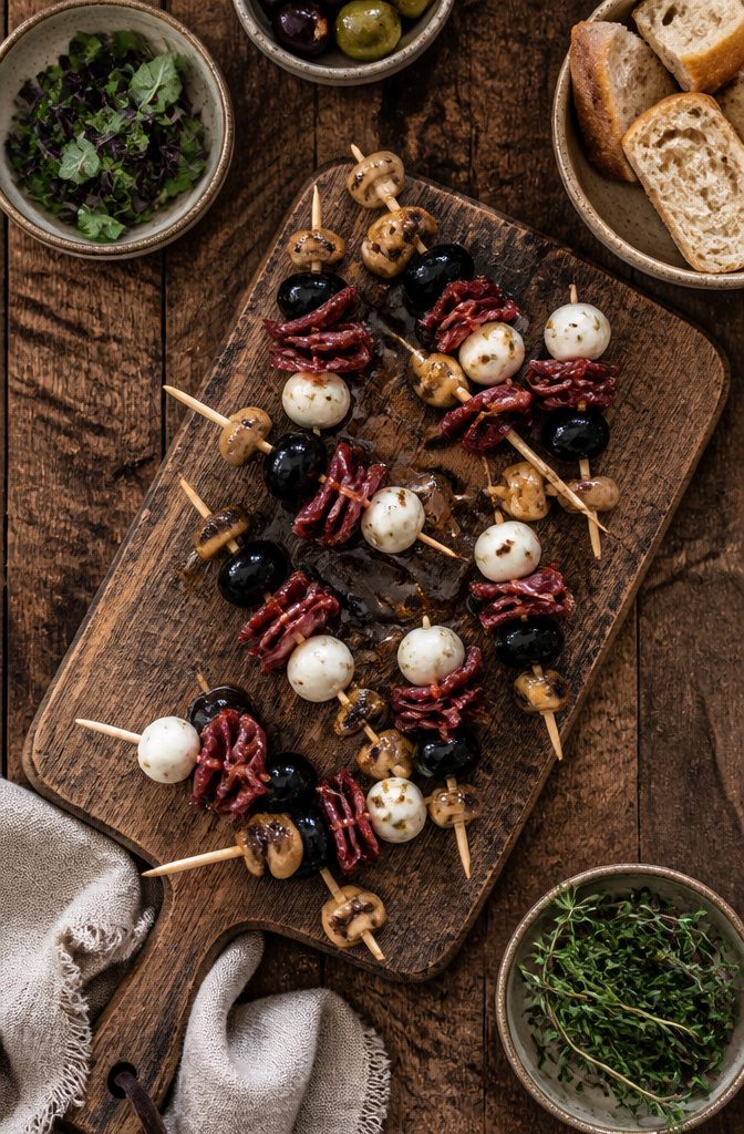 16 Wednesday Snack Ideas for 2026: Dark, Sweet and Savory 15 Skewers loaded with black olives, salami, and mozzarella balls.