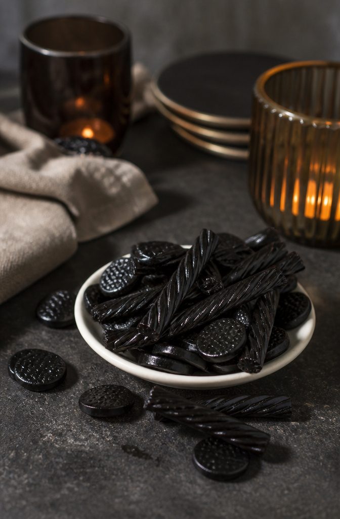 16 Wednesday Snack Ideas for 2026: Dark, Sweet and Savory 10 A dish filled with various black licorice twists and coins.