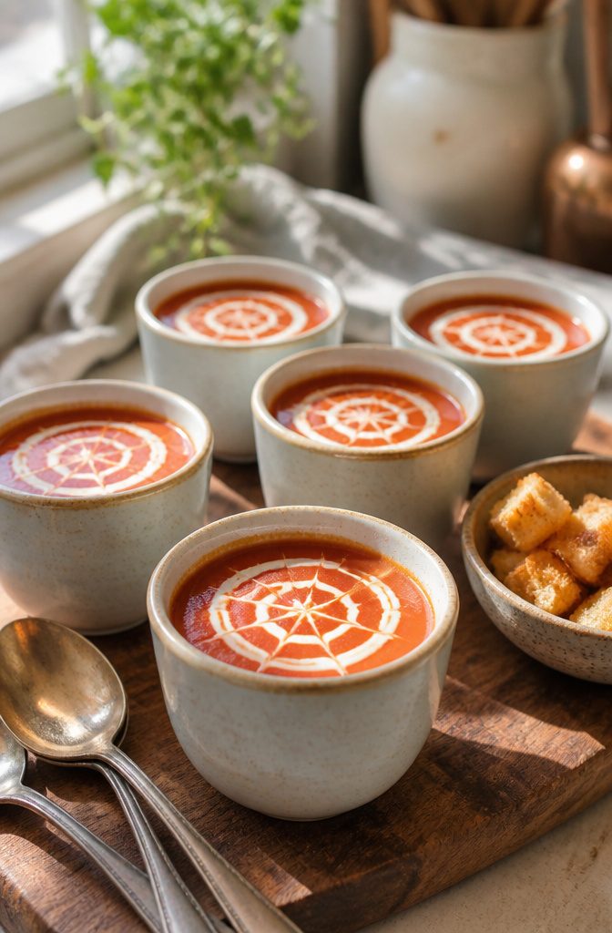 16 Wednesday Snack Ideas for 2026: Dark, Sweet and Savory 4 Small cups of tomato soup with a swirl of yogurt on top.