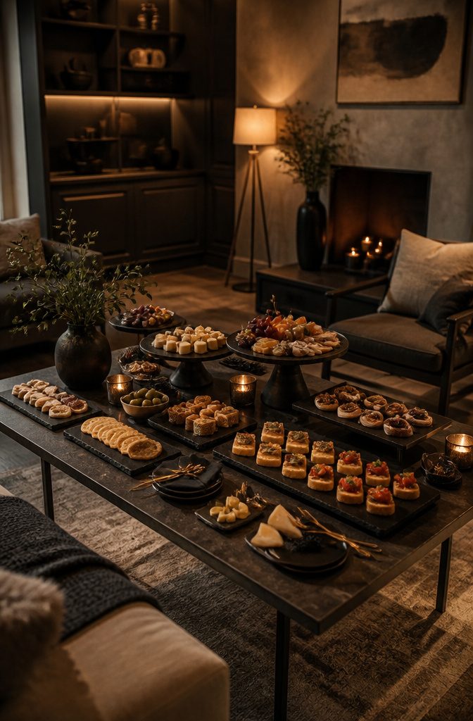 16 Wednesday Snack Ideas for 2026: Dark, Sweet and Savory 18 A darkly themed snack table with various foods arranged neatly.