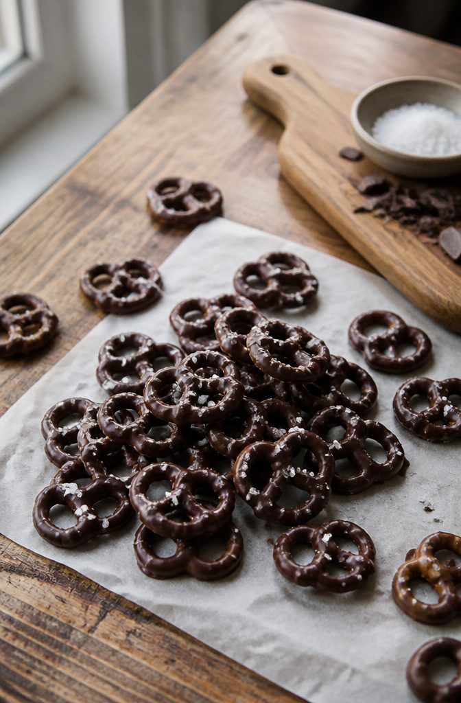 16 Wednesday Snack Ideas for 2026: Dark, Sweet and Savory 13 Various shapes of dark chocolate covered pretzels on parchment.