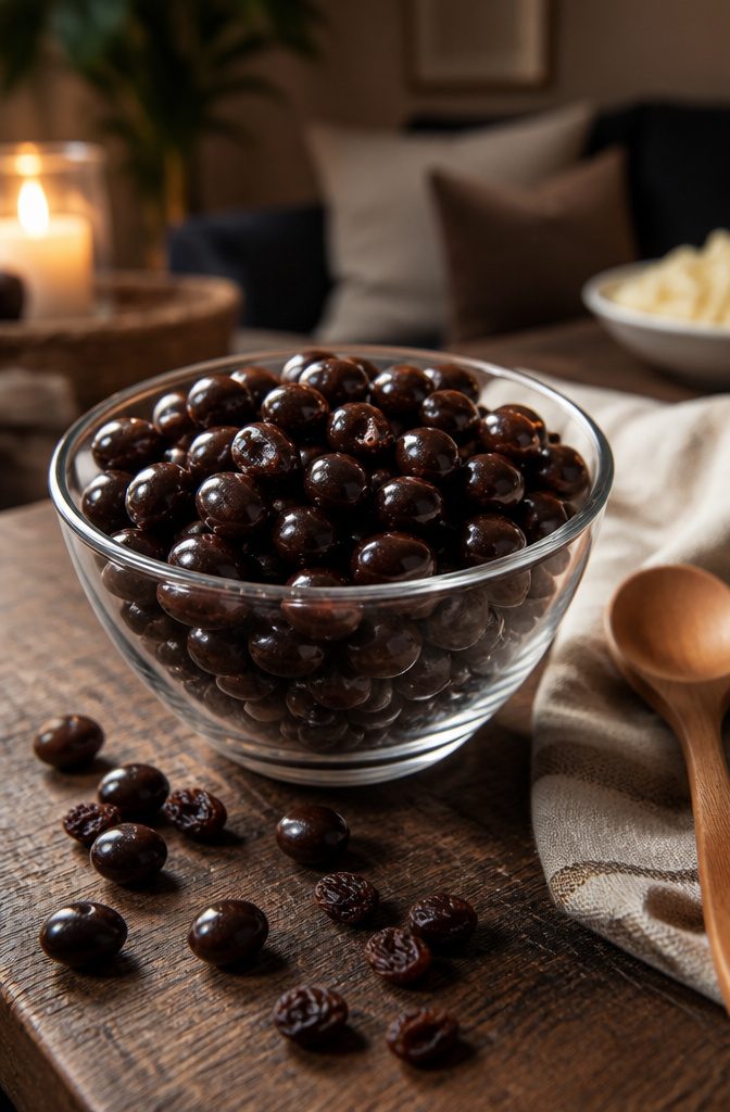 16 Wednesday Snack Ideas for 2026: Dark, Sweet and Savory 9 A bowl of dark chocolate covered raisins on a wooden table.