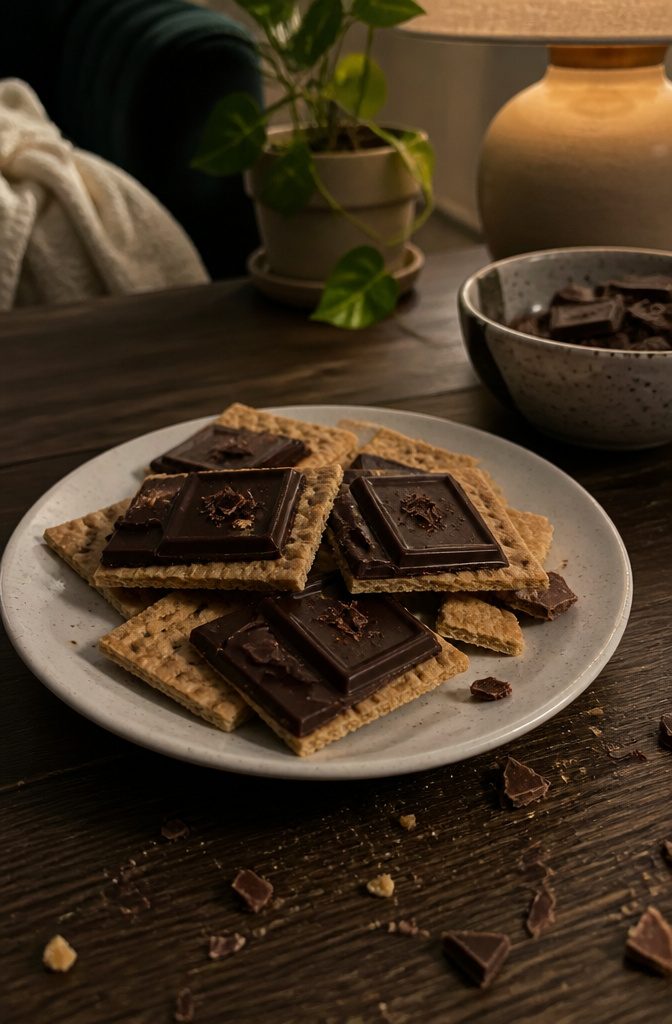 16 Wednesday Snack Ideas for 2026: Dark, Sweet and Savory 16 Broken graham crackers with squares of dark chocolate on a wood surface.