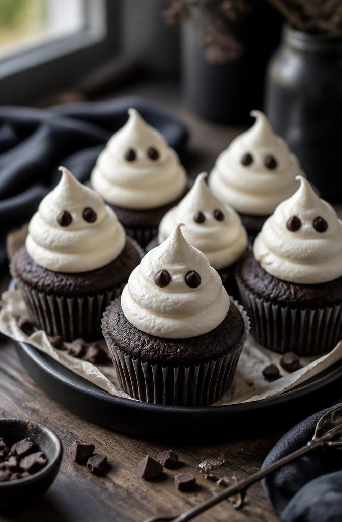 16 Wednesday Snack Ideas for 2026: Dark, Sweet and Savory 11 Dark chocolate mini cupcakes with ghostly frosting and chocolate chip eyes.