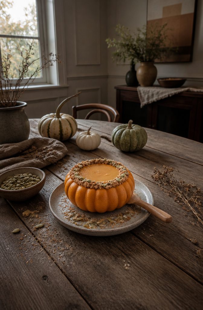 16 Wednesday Snack Ideas for 2026: Dark, Sweet and Savory 12 A small sugar pumpkin filled with cheesecake on a dark surface.