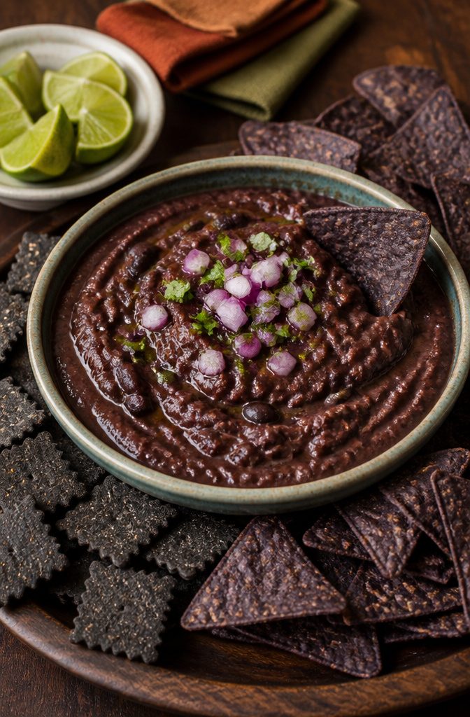16 Wednesday Snack Ideas for 2026: Dark, Sweet and Savory 7 A bowl of dark raspberry chipotle black bean dip with chips.