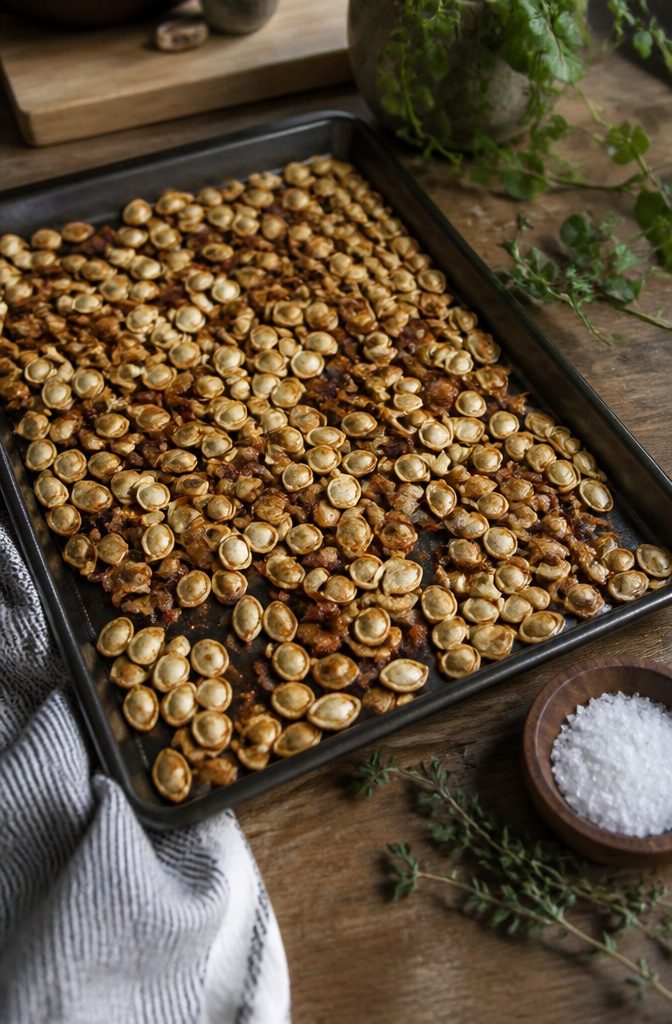 16 Wednesday Snack Ideas for 2026: Dark, Sweet and Savory 6 Roasted pumpkin seeds clustered on a dark enamel sheet pan.