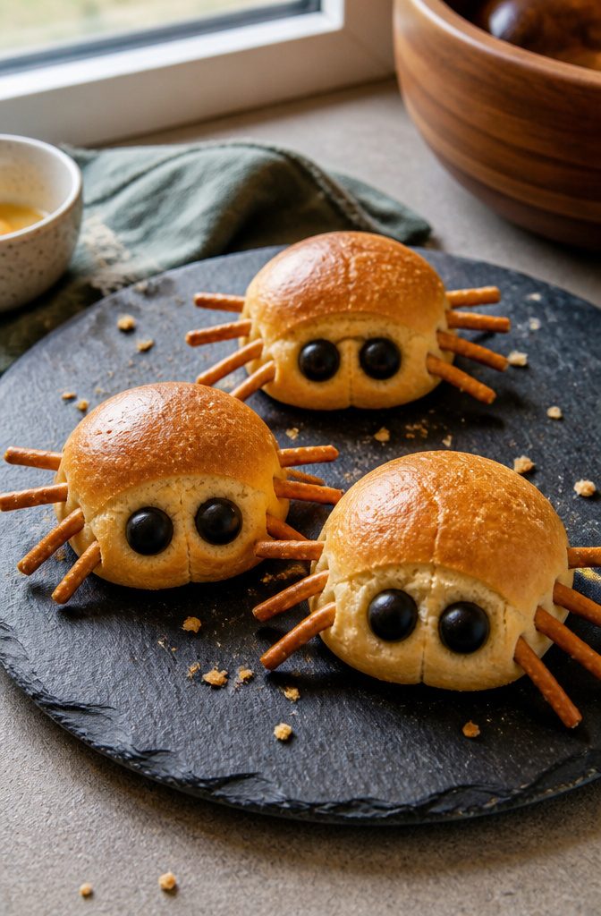 16 Wednesday Snack Ideas for 2026: Dark, Sweet and Savory 3 Three spider-shaped dinner rolls with olive eyes and pretzel legs.