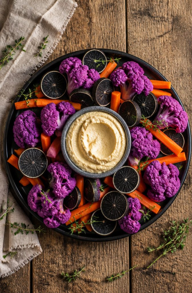 16 Wednesday Snack Ideas for 2026: Dark, Sweet and Savory 17 A platter of purple cauliflower, black radish, and carrot sticks with hummus.