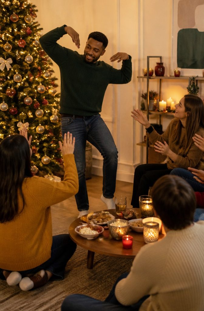 15 Xmas Party Ideas & Games for 2026 Celebrations 3 A group playing Christmas charades, with a decorated tree in the background.