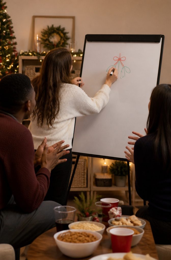 15 Xmas Party Ideas & Games for 2026 Celebrations 6 Participants guess drawings during a game of Christmas Pictionary on a whiteboard.