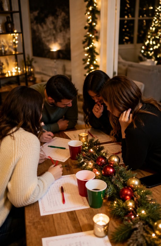 15 Xmas Party Ideas & Games for 2026 Celebrations 4 Teams of people working on Christmas trivia questions at a festively decorated table.