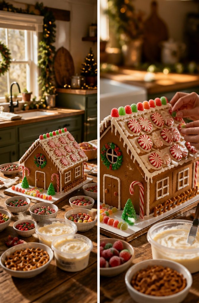 15 Xmas Party Ideas & Games for 2026 Celebrations 2 Gingerbread house decorating supplies including kits, frosting, and candy decorations.