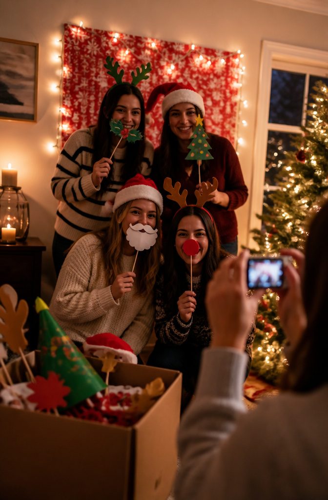 15 Xmas Party Ideas & Games for 2026 Celebrations 16 A photo booth setup with festive props and a decorated backdrop.