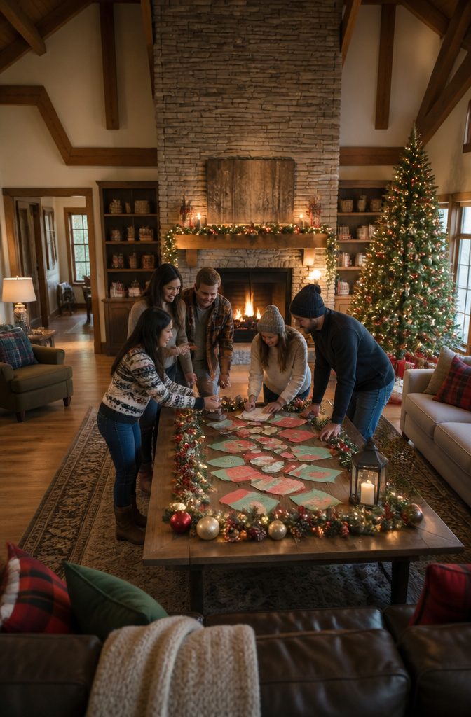 15 Xmas Party Ideas & Games for 2026 Celebrations 11 A group of people participating in a holiday scavenger hunt with clues.