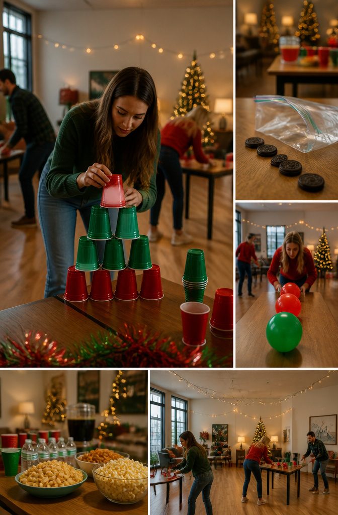 15 Xmas Party Ideas & Games for 2026 Celebrations 12 Participants engaged in different Minute to Win It games at multiple stations.