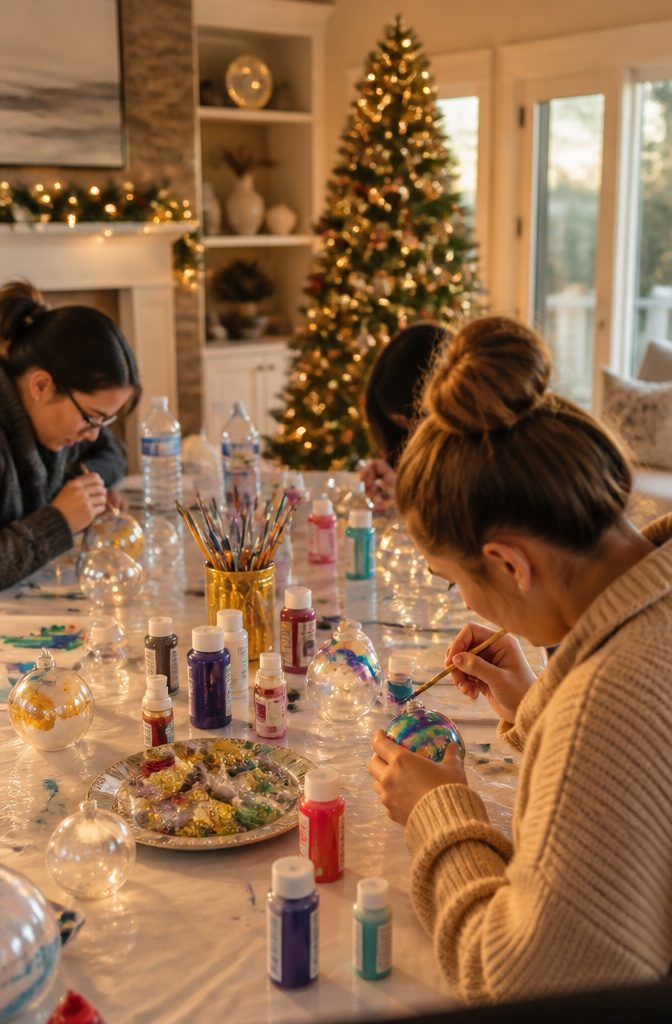 15 Xmas Party Ideas & Games for 2026 Celebrations 14 Participants decorating glass ball ornaments with paints and glitter at a table.