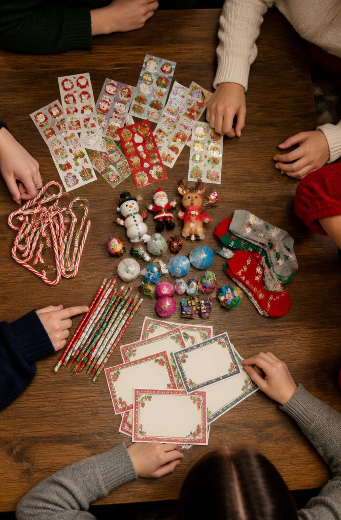 15 Xmas Party Ideas & Games for 2026 Celebrations 17 A collection of small prizes for winners of Christmas games on a table.