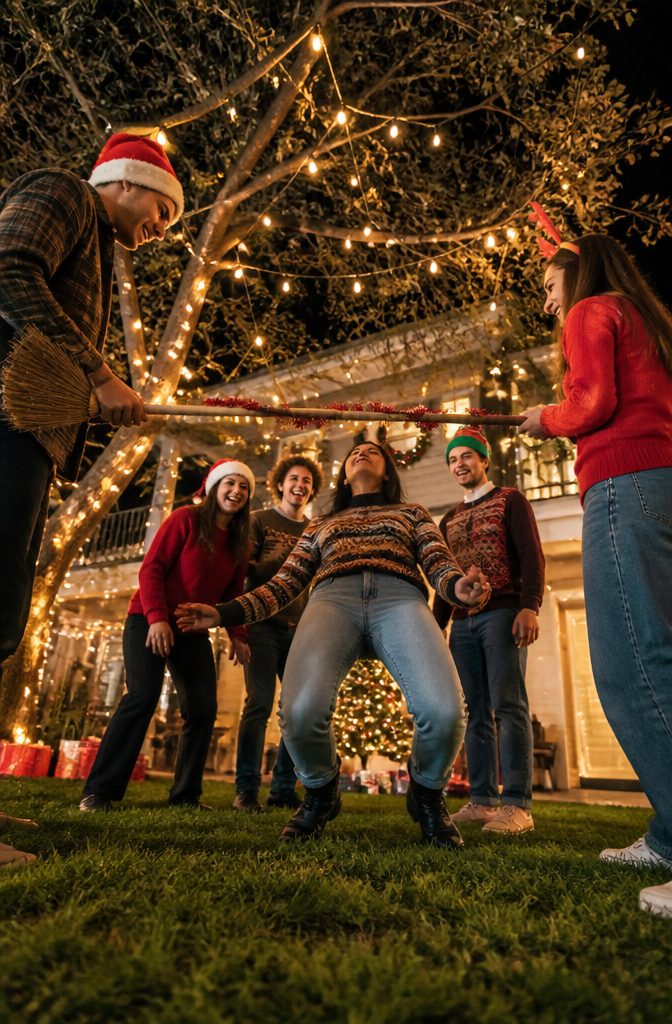 15 Xmas Party Ideas & Games for 2026 Celebrations 7 Participants playing Santa Limbo with a broomstick as the limbo pole.