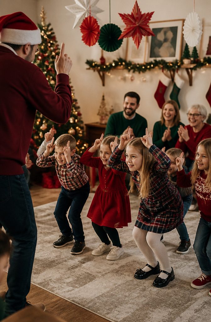 15 Xmas Party Ideas & Games for 2026 Celebrations 15 Kids playing Santa Says, mimicking holiday actions in a decorated room.