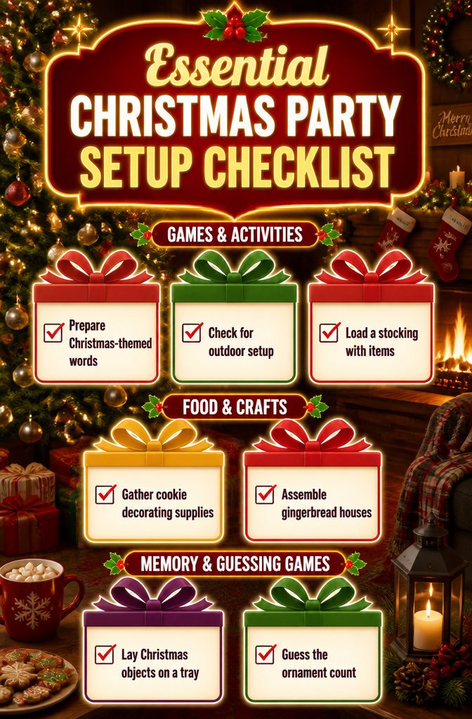 15 Xmas Party Ideas & Games for 2026 Celebrations 19 An essential checklist for Christmas party setup materials and games.