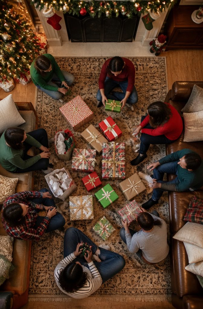15 Xmas Party Ideas & Games for 2026 Celebrations 5 A group seated in a circle for a White Elephant gift exchange with wrapped gifts.